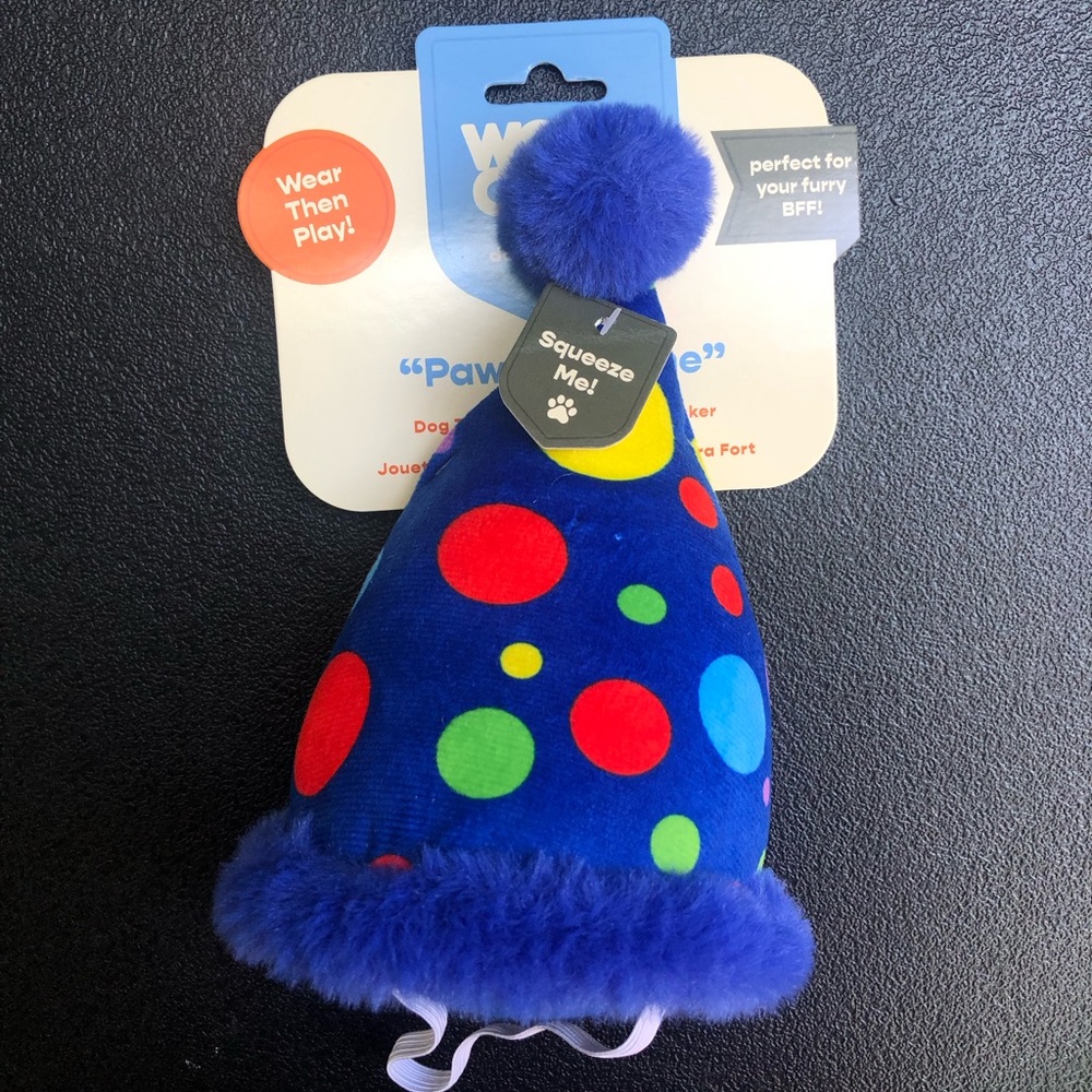 New woof crew dog toy birthday party hat squeak